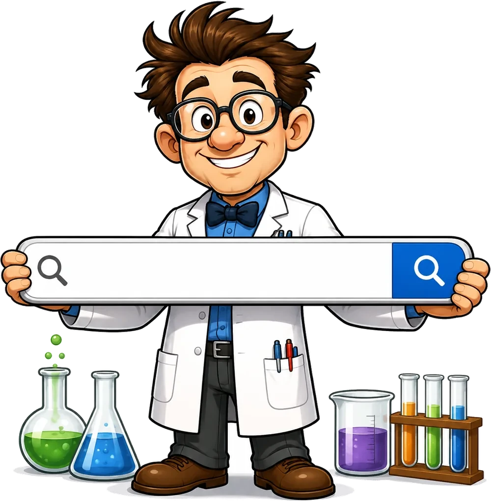 Cartoon chemist holding a search bar, surrounded by flasks and test tubes