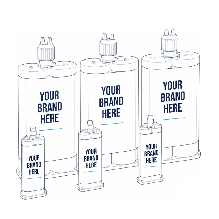 Dual-cartridge adhesive packaging in three sizes, shown with blank labels reading Your Brand Here